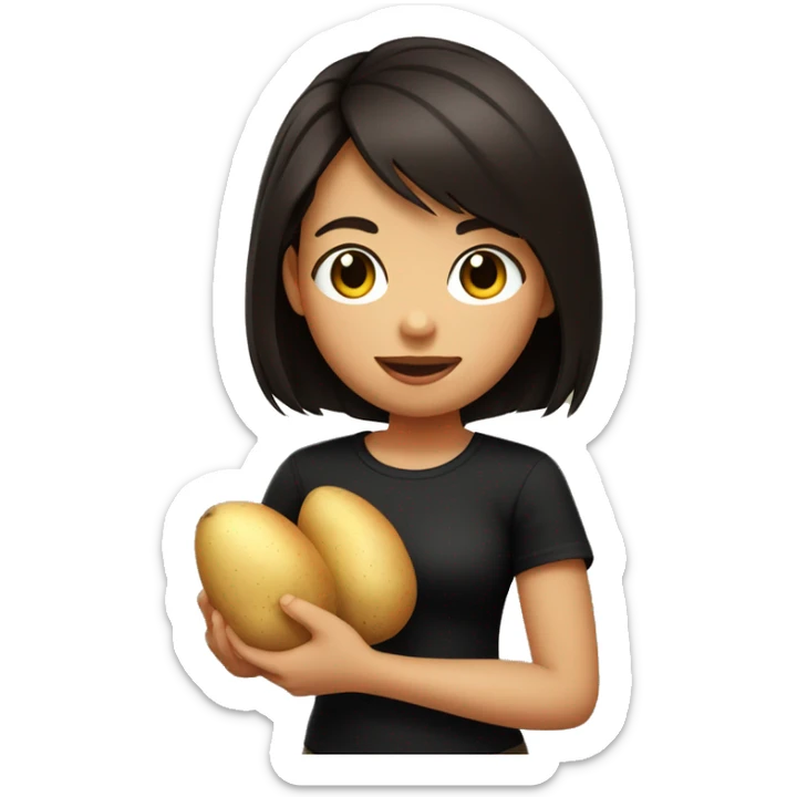 Girl with dark brown bob haircut and fair skin in black t-shirt holding a potato  sticker