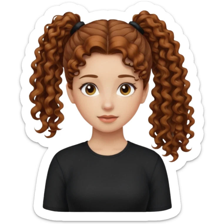 Girl, chestnut colored curly hair, set up ponytail hair, black shirt sticker
