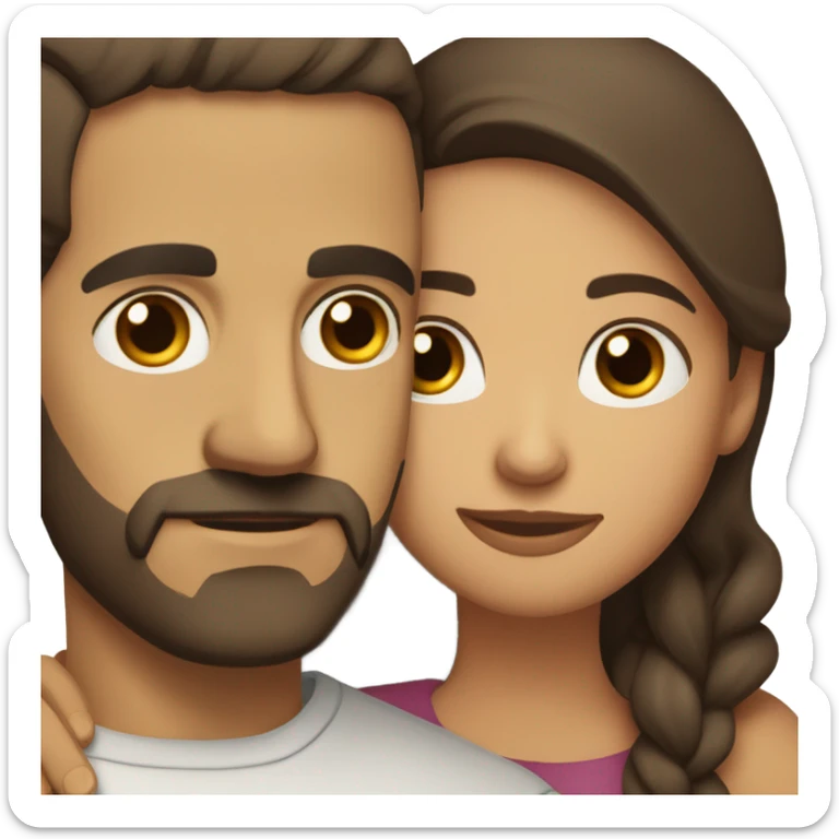 Comforting hug from brunette Puerto Rican with dark brown eyes to short, bald man with brown eyes and a beard sticker