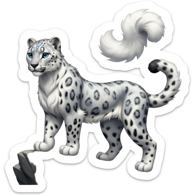 cinematic-snow-leopard-realistic-full-body-standing-emoji,-muscular-yet-graceful-body-balanced-on-rocky-cliffs,-long-fluffy-tail-swirling-behind,-head-tilted-dramatically,-thick-ghostly-white-fur-speckled-with-black-rosettes,-piercing-icy-blue-eyes,-simplified-yet-realistic-focused-features,-highly-detailed,-glowing-with-an-almost-sarcastic-glow sticker