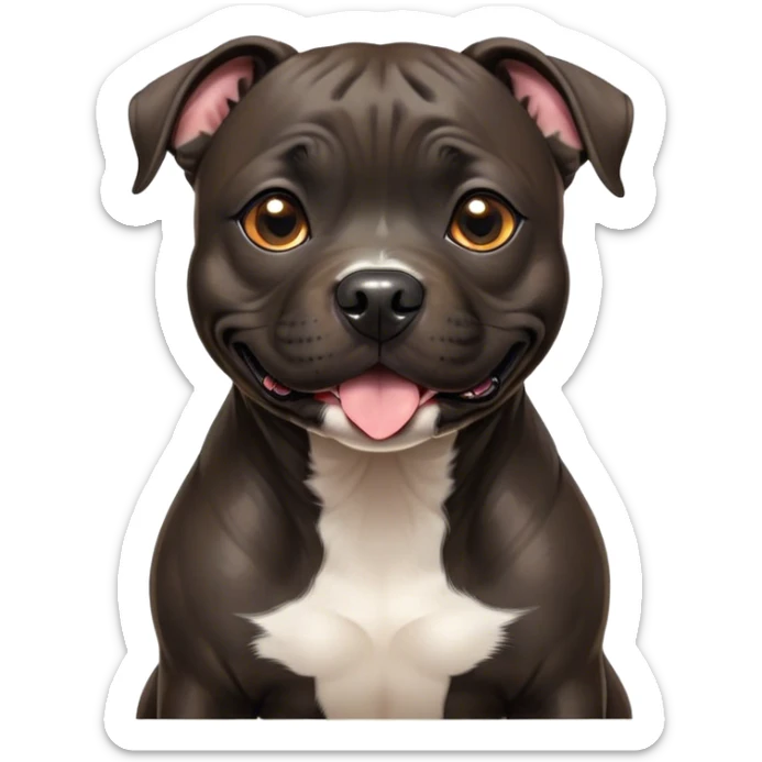 Cinematic Cute Black/Brindle Staffordshire Bull Terrier Portrait Emoji, Head tilted playfully and inquisitively, featuring a glossy Fur with a dynamic mix of black and brindle, round, sparkling dark eyes filled with curiosity, Simplified yet irresistibly adorable features, highly detailed, glowing with a warm, friendly glow, high shine, affectionate and spirited, stylized with a touch of whimsy, bright and endearing, soft glowing outline, capturing the essence of a mischievous yet loving pup, so playful it feels like it could bound out of the screen and into your arms! sticker