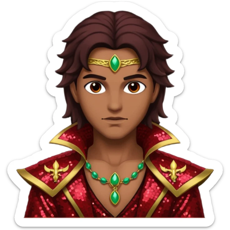 Samael, Poison of God from Gods and Goddesses with tan skin, long dark brown hair, dark red sequin outfit sticker