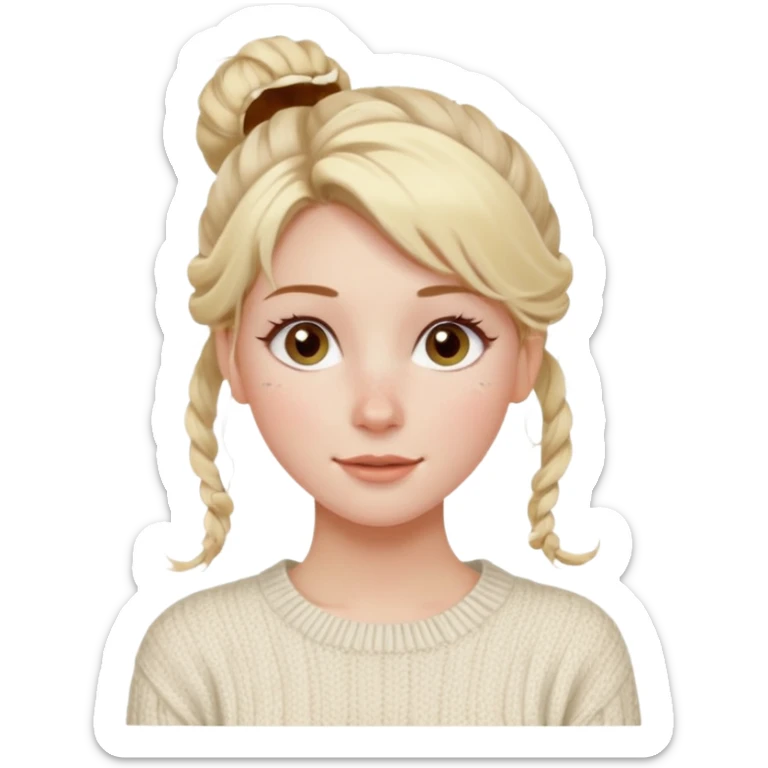 blonde hazel eyes woman with a white cable knit sweater and one messy bun with tendrils of hair flowing down her face and she is happy pale, some freckles, blush. she has a cateye wing and long lashes sticker