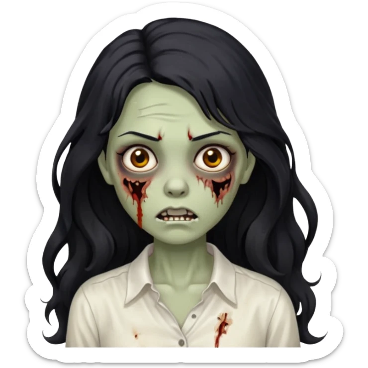 garota zumbi com cabelo preto ondulado longo blusa branca sem botões, lisa a blusa sticker