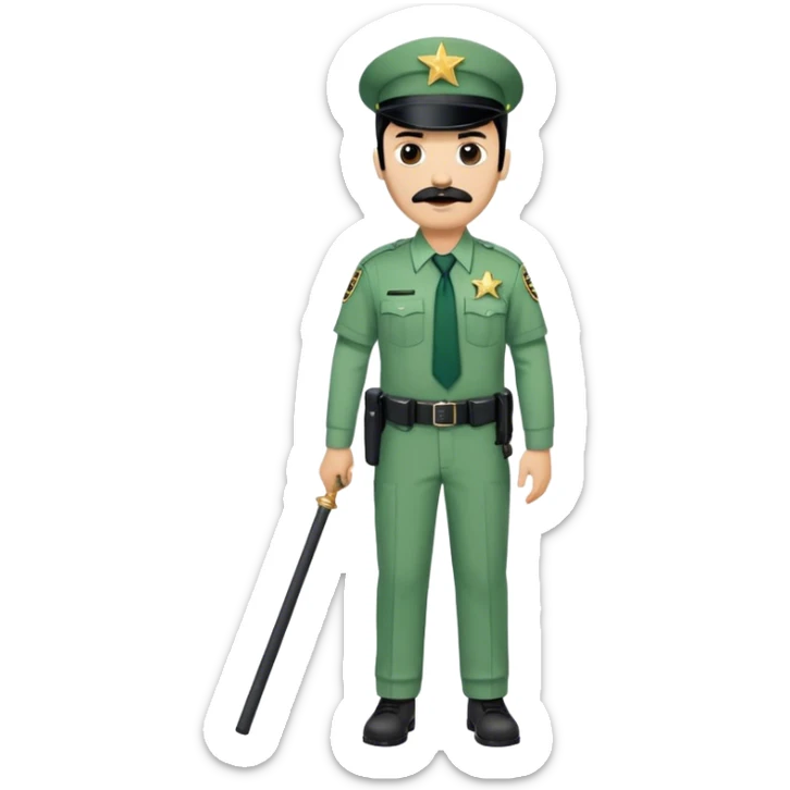 Chill guy in correctional officer green uniform. Full body. Black hair black mustache.  Light brown skin tone. Star badge. With duty belt and baton. Tan shirt with tie sticker