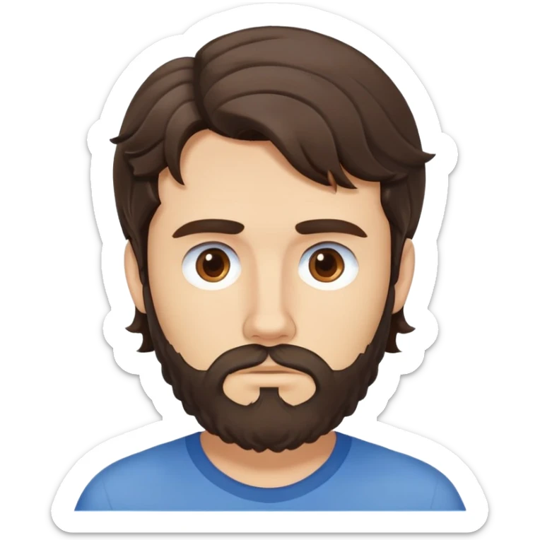 Caucasian man with wavy dark brown hair styled loose with wavy fringe, medium-length wavy hair, short full beard, neutral serious expression, simple blue shirt sticker
