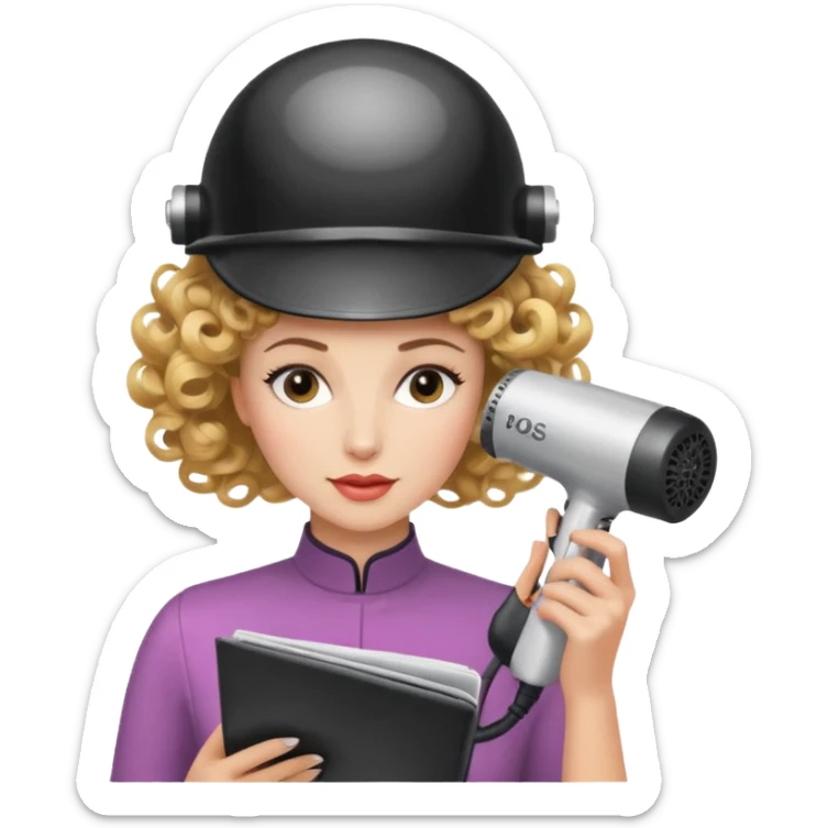 Emoji de mujer con casco secador, pelo recogido, rulos y leyendo revista, estilo vintage chic sticker