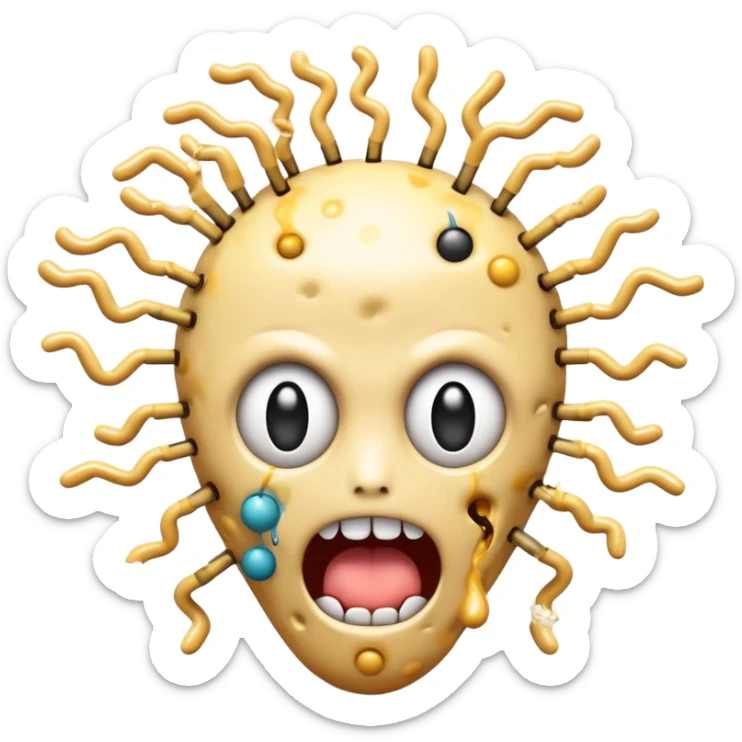 absolutely insane emoji with eyes popping out of sockets on springs, brain partially exposed, multiple gigantic polka-dotted tongues flailing in all directions, tiny explosions around head, face melting, completely deranged look sticker