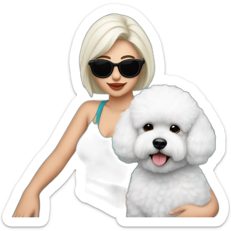 mujer piel blanca pelo negro largo con perro bichon blanco y unas gafas rosas en un prado verde con amapolas azules  sticker