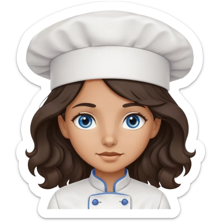 A girl with long, dark brown, wavy hair, grey-blue eyes. He cooks in the clothes of a cook sticker
