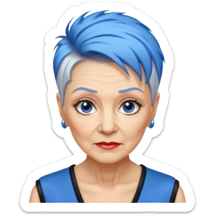 reife frau, achtzigJahre alt kein kind! freche extreme schwarze Kurzhaarfrisur eine Seite wirklich fast keine Haare andere Seite mit blauer Strähne kurze Seite noch viel kürzer sticker