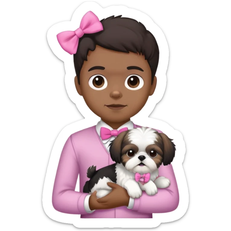 black little boy holding a black and white shih tzu dog who’s wearing a pink bow sticker