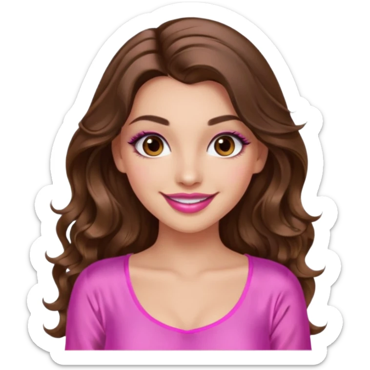 girl with long wavy brown hair, brown eyes, long lashes makeup, sexy pink lips, light to medium complexion, wearing a pink sexy silk top, smiling sticker