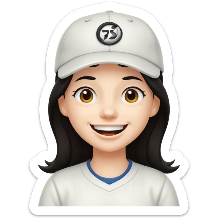 Digital illustration of a cartoon character with a big smile on its face and whinking. The character has long dark hair and is wearing a white baseball cap and casual clothes. The overall style of the illustration is cute and playful. sticker