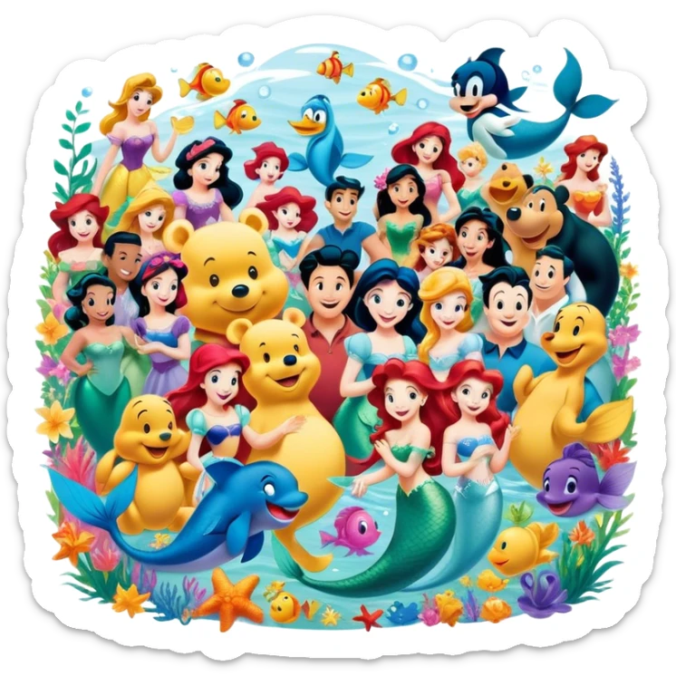 Icon for Animated Characters: A colorful, large-scale collage of beloved cartoon characters, including Franco, Mickey Mouse, Winnie-the-Pooh, Ariel the Little Mermaid, Jasmine and others. Bright and vibrant, full of whimsical charm. Transparent background. sticker
