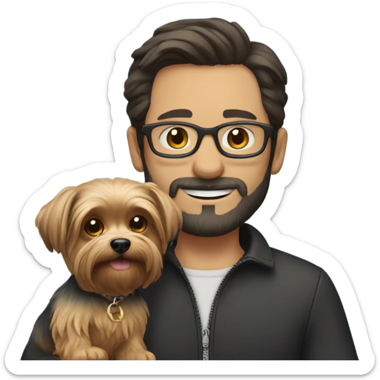 Dark haired white guy with facial hair and glasses holding a yorkie  sticker