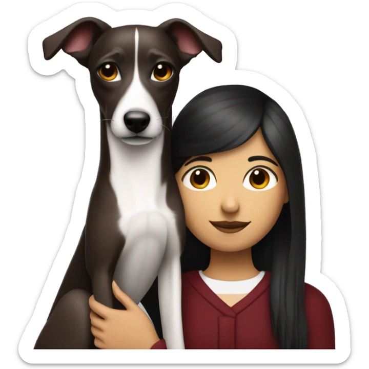 A girl with the hair red-wine coloured hugging a black and whippet sticker