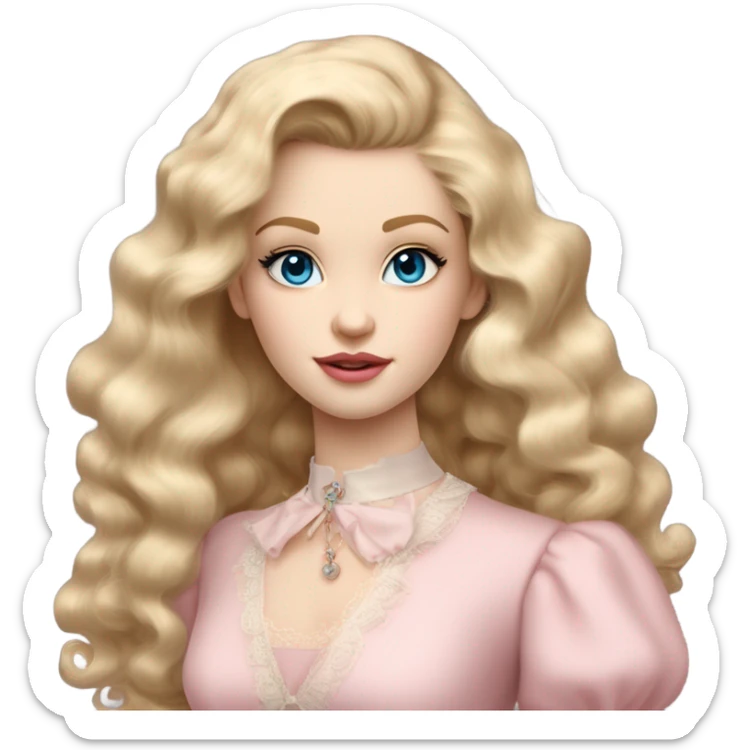 girl blonde hair pale skin blue eyes. Pink lips blush skinny nose siren eyes (model face) (but not too much). Vintage blowout with long hair not too curly.  light pink dress, puffed sleeves, dainty choker necklace (think Versailles but not too much).  sticker