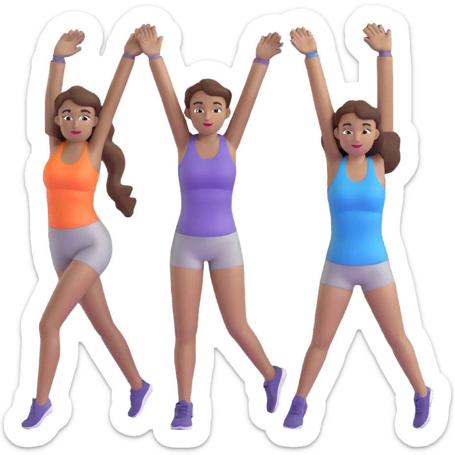 three women friends exercising together, one black woman with brown hair, two white women with brown hair sticker