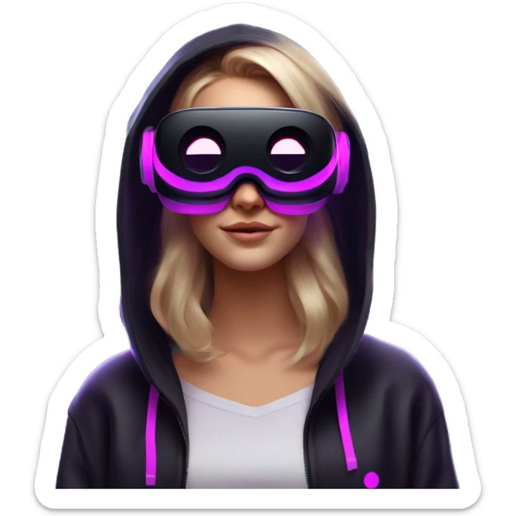 Russian girl wearing black hoody with violet letters "OMG", in vr headset oculus quest2. Dancing. Cyberpunk style. Violet neon. sticker