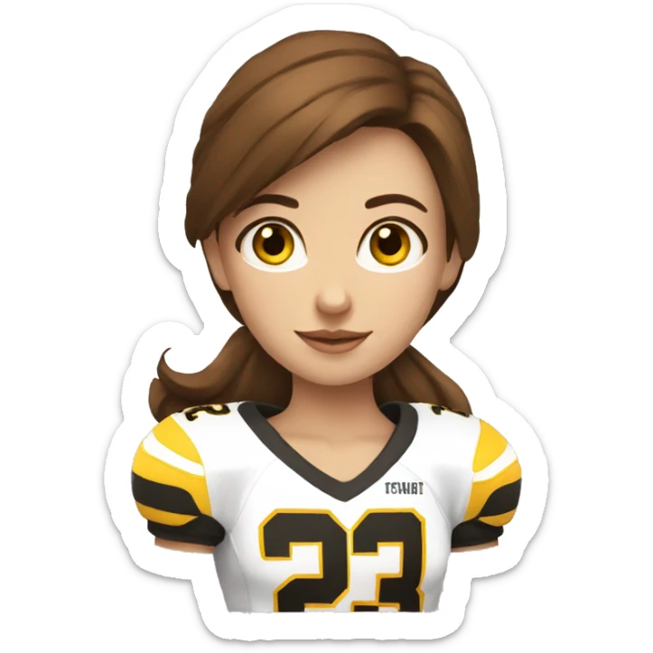 a girl with brown hair and a yellow football player with a small black ring on it sticker