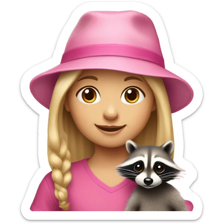 Eight-year-old girl with blonde hair holding a raccoon with a pink hat on sticker