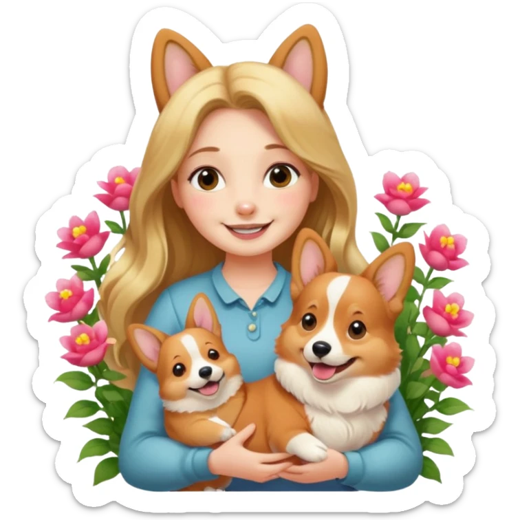 A long-haired girl holding a corgi in the flowers sticker