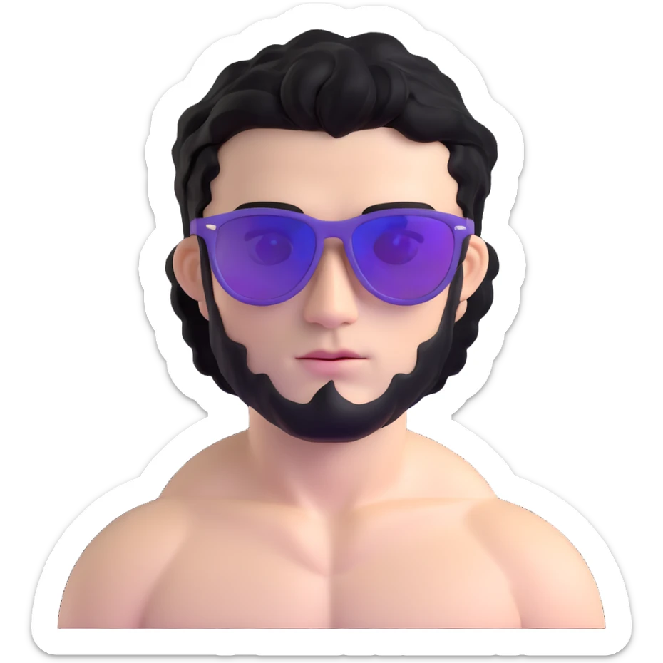 shirtless male athlete with white skin and moderately curly black hair on top with shaved sides, wearing purple sunglasses with black tinted lenses sticker