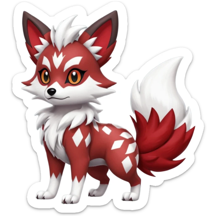 Red Lycanroc-Furret-Zorua-Poochyena-fusion, full body, with black and white edgy markings patterns sticker