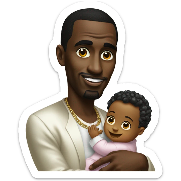 P diddy holding a baby in one hand and bay oil in the other sticker