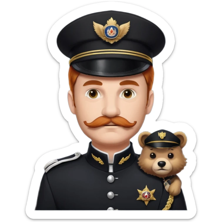 An auburn-hair'ed admiral with a flawless bear and mustache wearing a black admiral outfit and hat with Wolf Ears coming out of the hat, and 9 wolf tails behind him, with the admiral black shirt featuring on the left breast pocket the insignia of Helldivers 2. sticker