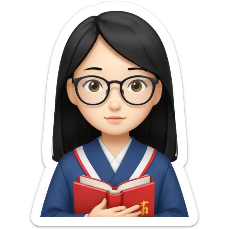 A student, asian girl, long black hair, wearing glasses, japanese uniform, hold book in front of their chest sticker