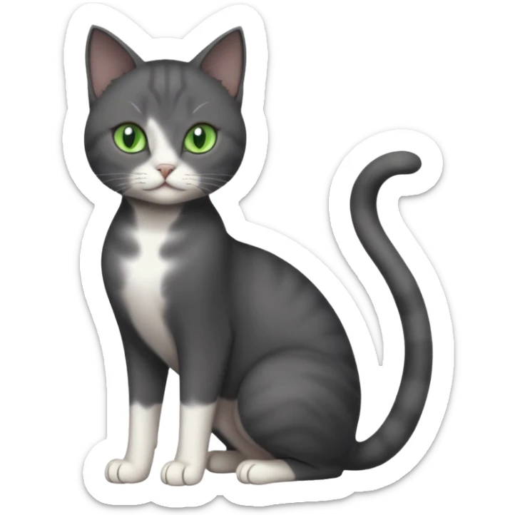 full body view of beautiful female dark grey cat with green eyes, white toes and white patch on chest sticker