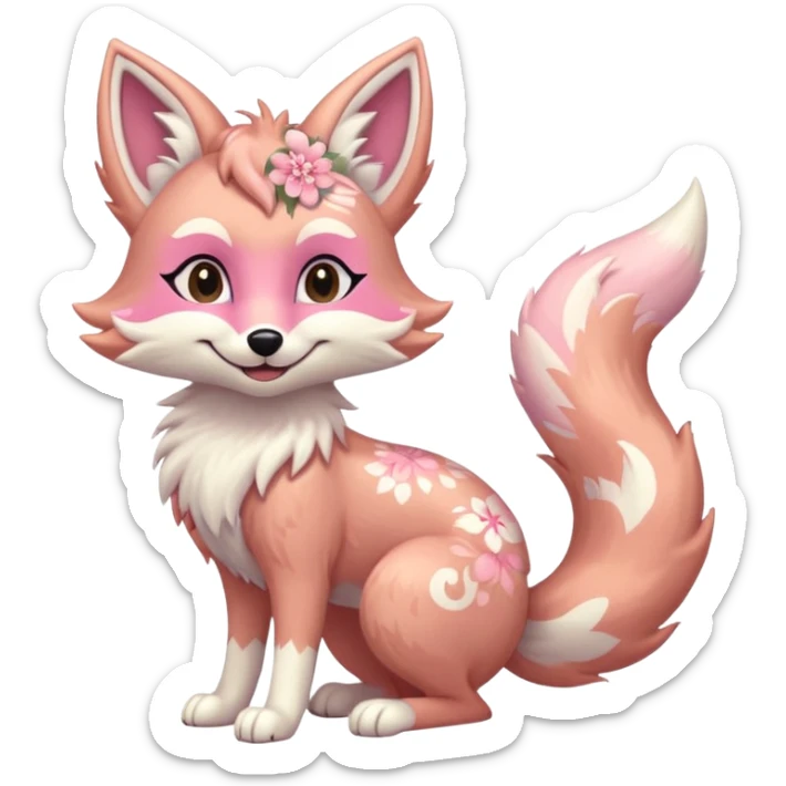 Anthropomorphic digitigrade Pastel beige and pastel Sakura-pink fox furry-Falvie-Fionbri-fursona with floral swirly markings and white spot markings  sticker