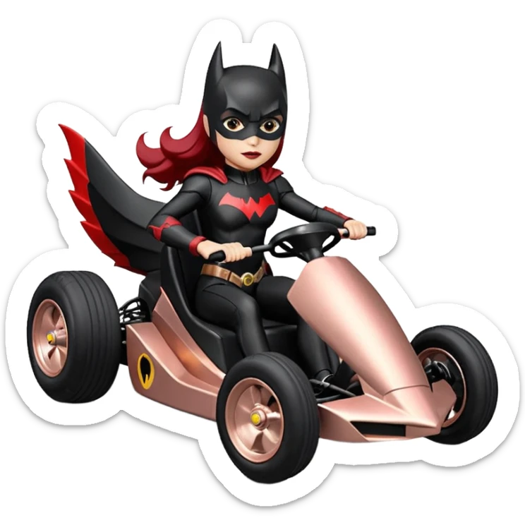 Hot full size real size-appearance electric road racing sexy BatWoman’s feminine midnight-colored tight outfit sixty’s tv show 1992 dark stealthy sporty safe plush petite off-road pursuit cruiser car rose gold accents (black hair,reclined and relaxed torso and shoulders seating position) go kart  sticker