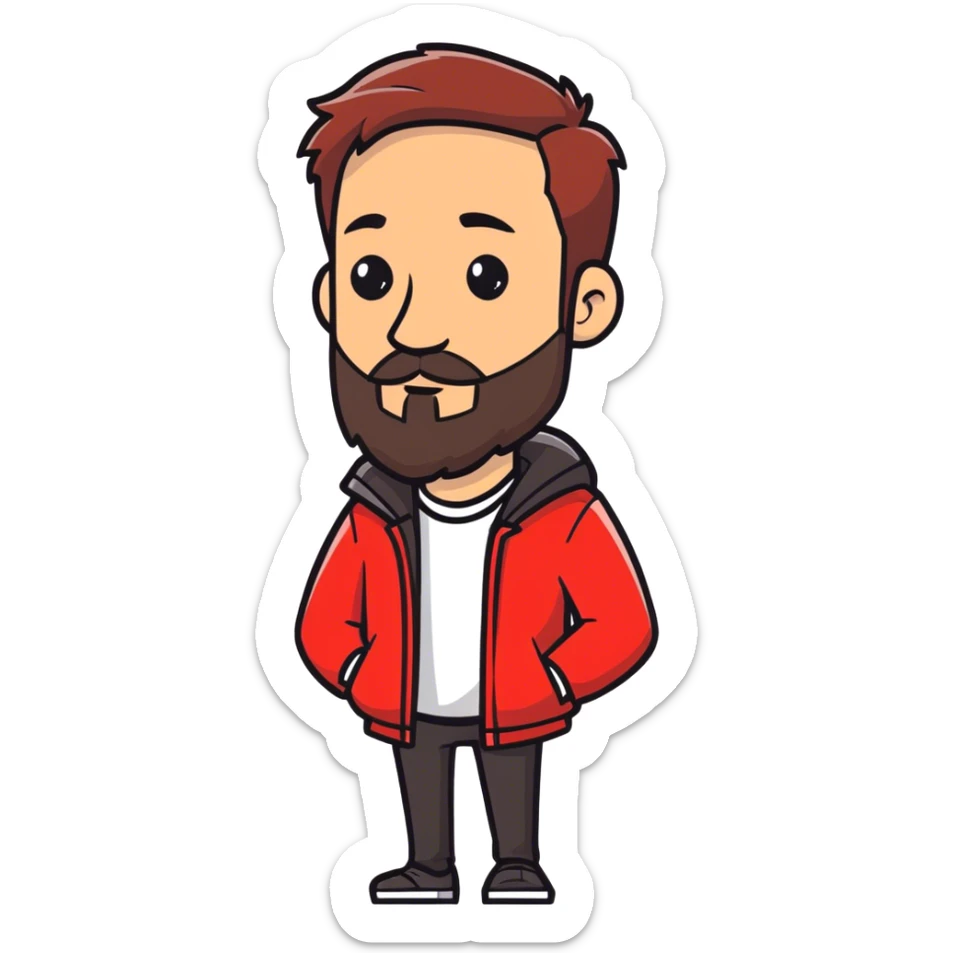 a man weraing a red jakect putting his right arm in a winkel of 45 degreed and a beard that us under his nose sticker