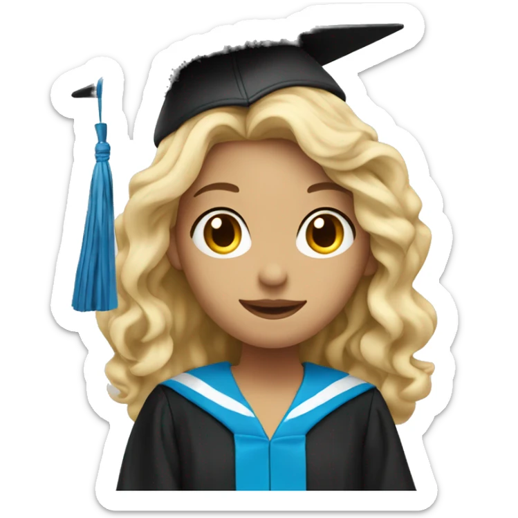 blonde girl wearing blue graduation cap with long curly black hair sticker