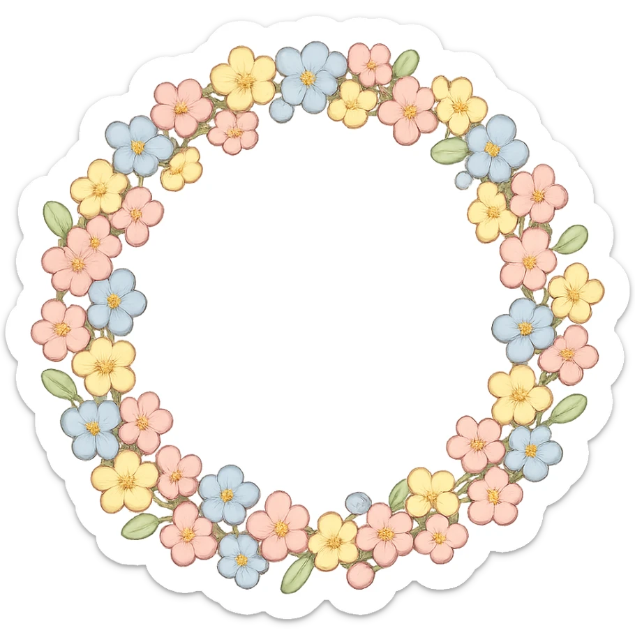 a floral wreath made of small pastel flowers with a few green leaves, Japanese hand-drawn, full object, transparent background sticker