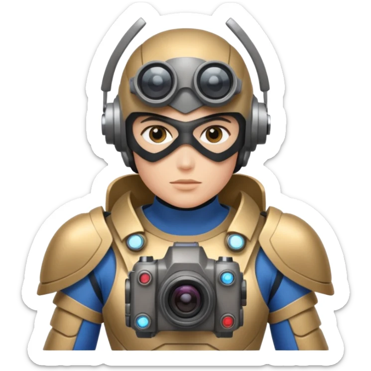 Un photographe high tech du futur, avec du matériel, une armure de terrain à la super héro. Il a des appareils photos, des caméras embarquées et un drone  sticker