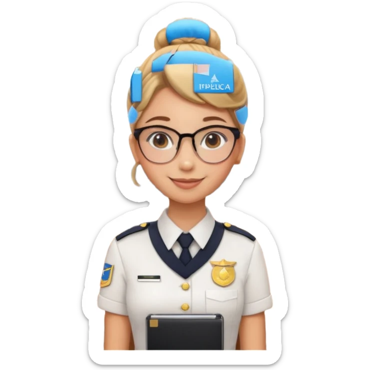Reception Young girl, bun hair, wearing uniform of reception with hotel name badge, glasses, stand behind the desk

 sticker