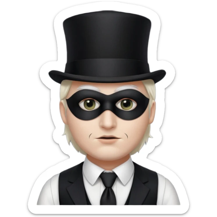 A man with white skin, a black half mask with an eye hole, a black top hat, a black vest with a black tie tucked underneath, and a white collared shirt sticker