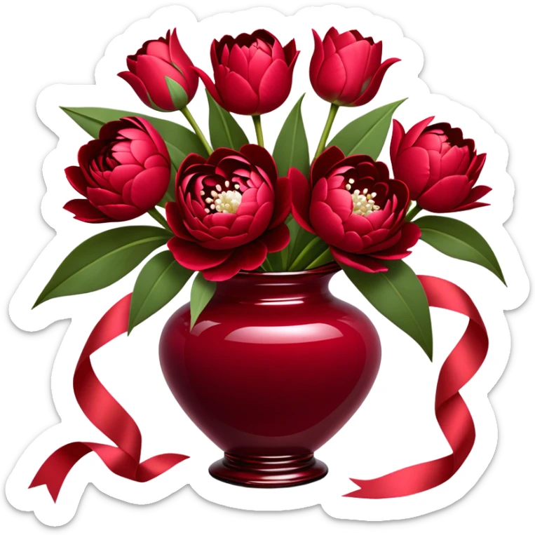 "An exquisite floral arrangement in a deep red glass vase, filled with velvety red peonies, classic roses, and striking tulips, accompanied by silky pearl-colored ribbons that drape gently over the surface." sticker