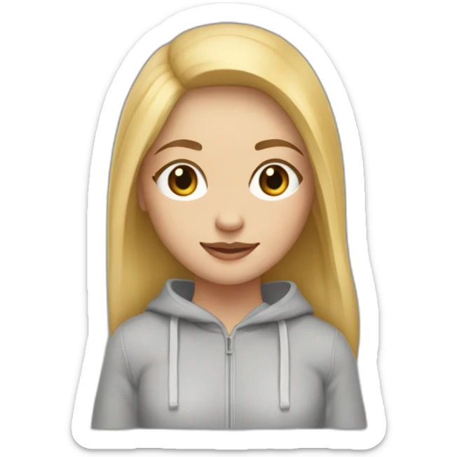 A blonde girl with smooth hair and a ray in the middle, she has light skin a few freckles, and she wear a hoodies  sticker