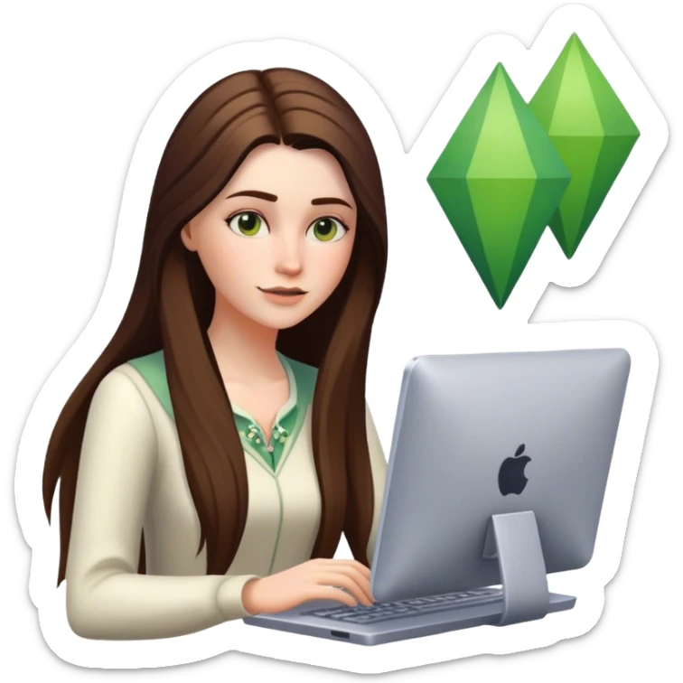 beautiful pale brunette girl with long hair playing the sims4 on her computer  sticker