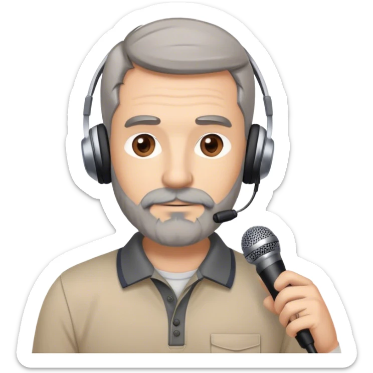 male, brown and gray hair, brown and gray beard,  hazel eyes, athletic build with khakis and a polo, technology teacher, podcast studio background, microphones and earphones, ultra realistic, memoji-style, 3d render, photo, anime, illustration sticker
