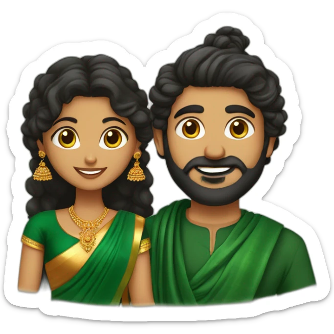 south indian girl with curly hair wearing dark green saree marrying south indian guy with straight hair and beard wearing dhoti sticker