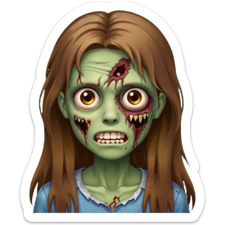 Girl zombie with brown long hair with teeth and serious face IOS style sticker