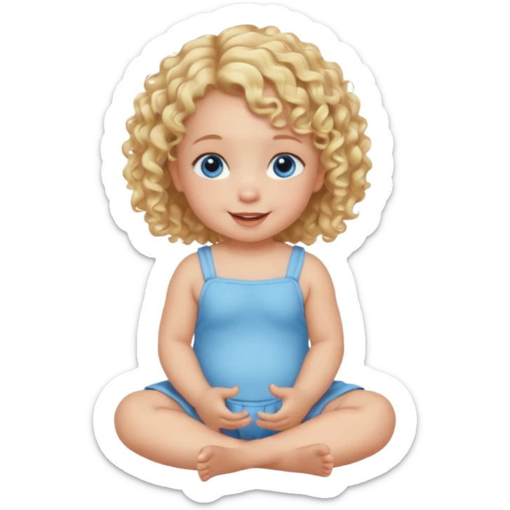 blonde curly hair blue eye baby girl sitting on the floor talking sticker