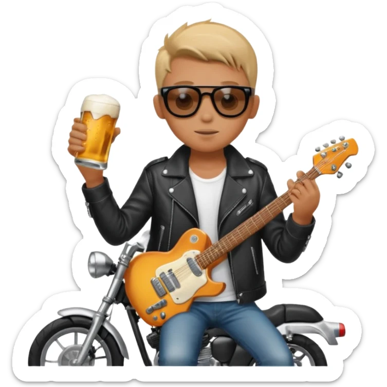 i need an emoji of a boy that is sitting on a crossmoter with a beer and an electric guitar in his hands sticker