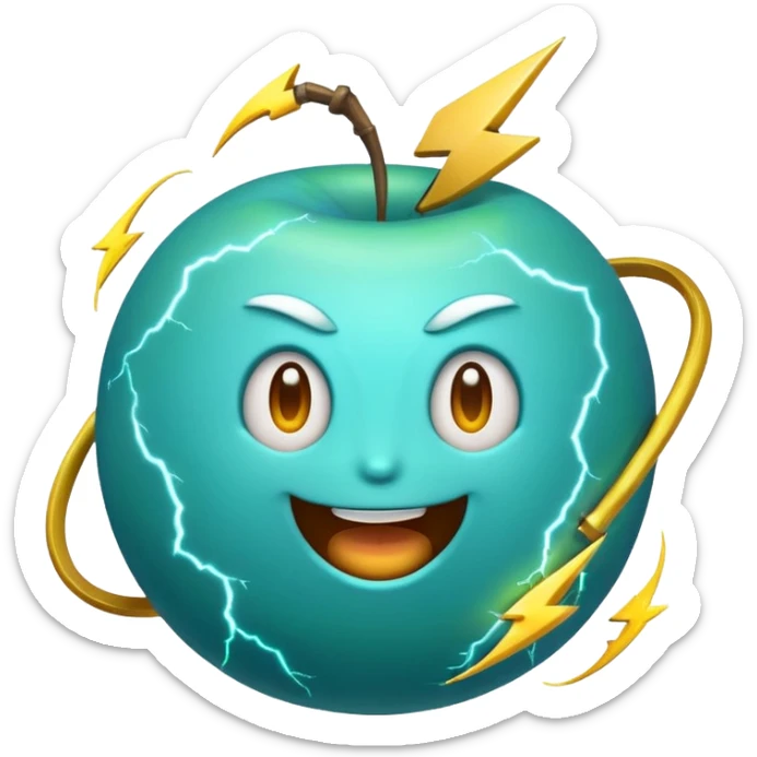 Uranus emoji in Apple-style, blue-green planet with rings, big excited playful face, prominent bold lightning bolt, radiating chaotic electric energy sticker
